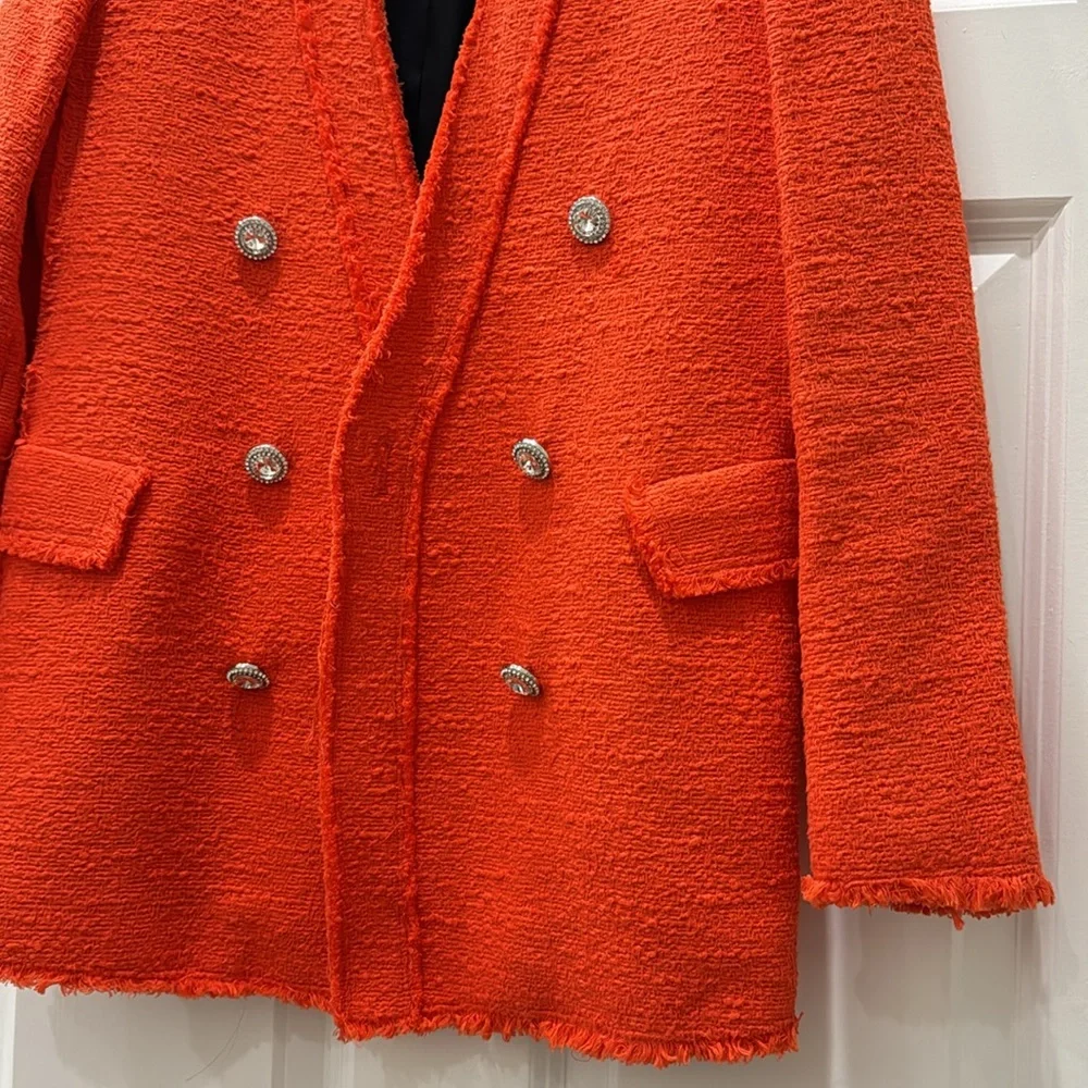 Zara Bright Orange Red Tweed Diamond Button Blazer - Picture 7 of 15